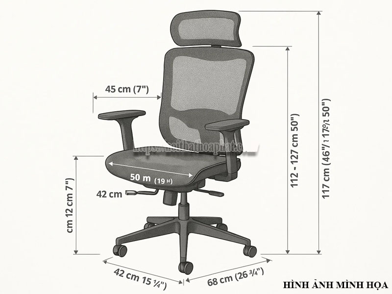 kích thước ghế lưới chuẩn ergonomic