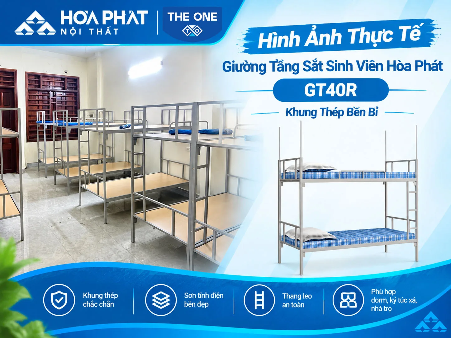 Hình Ảnh Thực Tế Giường Tầng Sắt Sinh Viên Hòa Phát GT40R Khung Thép Bền Bỉ