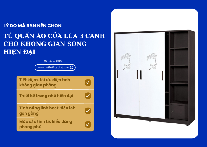 lý do nên chọn tủ quần áo cửa lùa 3 cánh cho không gian sống hiện đại