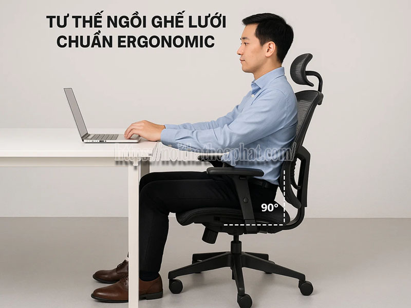 tư thế ngồi ghế lưới chuẩn ergonomic